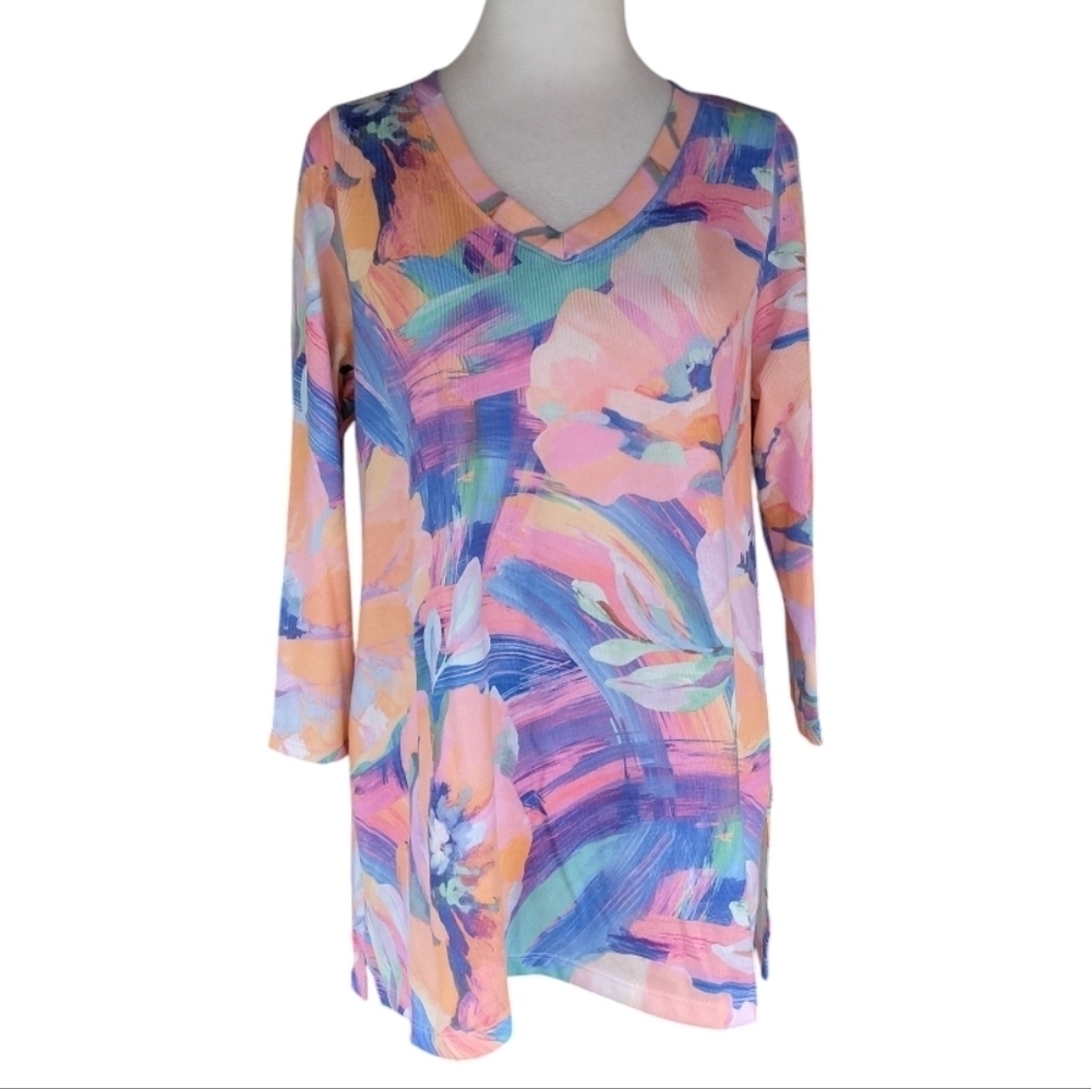 Soft Surroundings Women's Felisa Tunic Top Bright Floral Knit Size Medium
